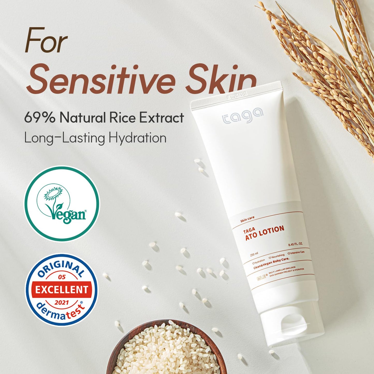 TAGA ATO Lotion 250ml - Vegan Hypoallergenic Moisturizer for Sensitive Skin | Fast-Absorbing, Non-Sticky Hydration
