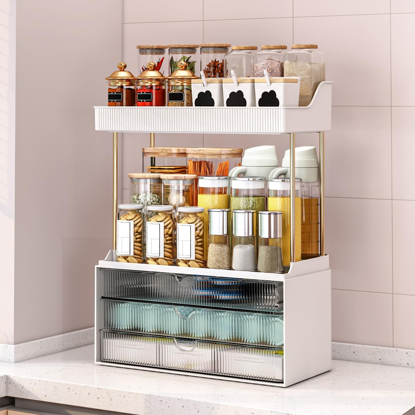 caktraie Bathroom Organizers and Storage - 3 Drawers 2 Tier Makeup Organizer, Cosmetic Storage Drawer for Dresser Countertop and Bathroom Vanity for Large Skincare, Perfume, Grey