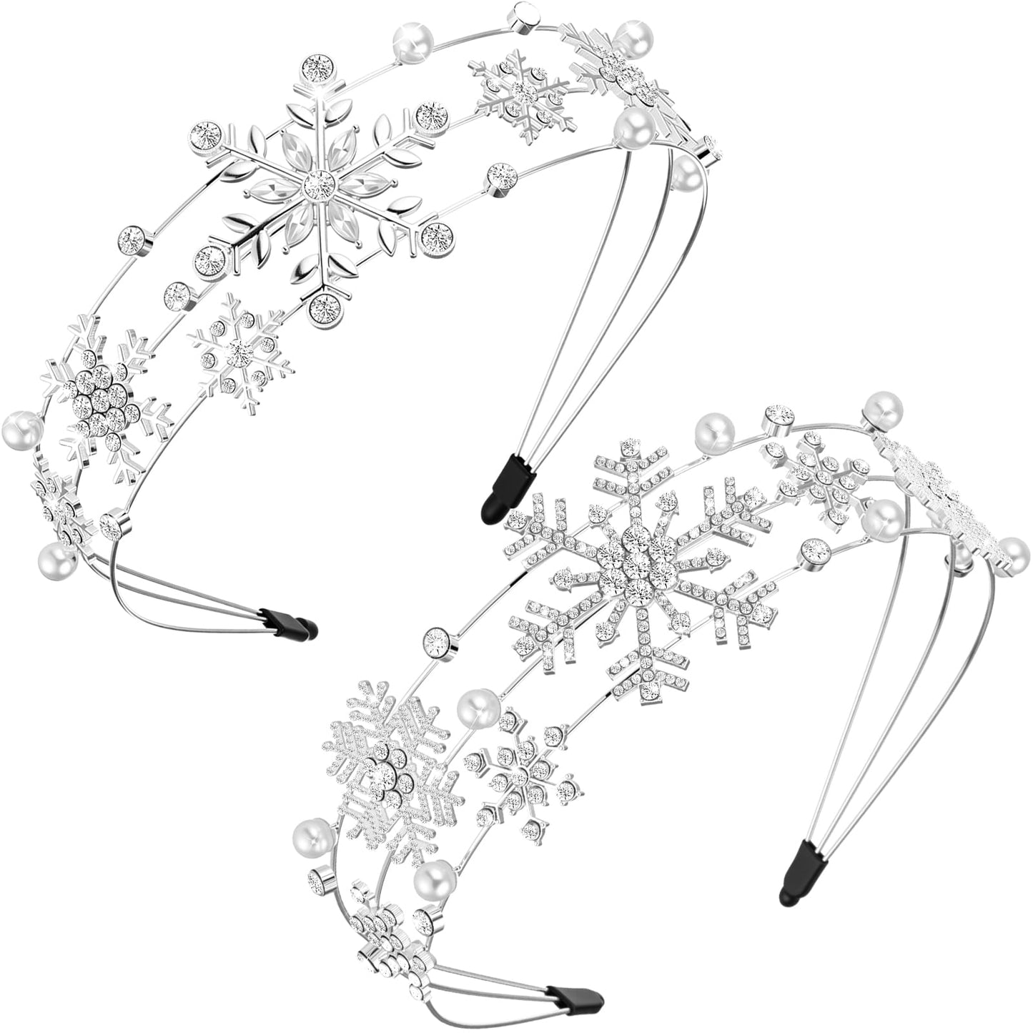 Hoteam 2 Pcs Christmas Headband Silver Snowflake Pearl Rhinestone Headbands for Women Winter Christmas Party Decoration Holiday Hair Hoop Accessory Gifts