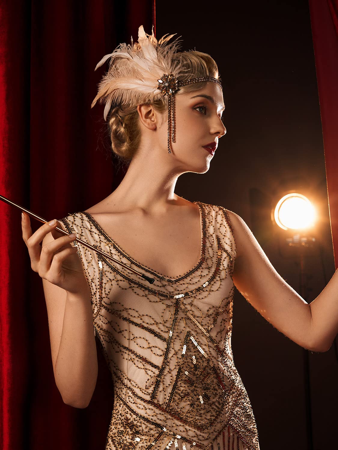1920s Flapper Headpiece - Rhinestone Pearl Feather Hair Band | Great Gatsby Accessory for Women, Champagne