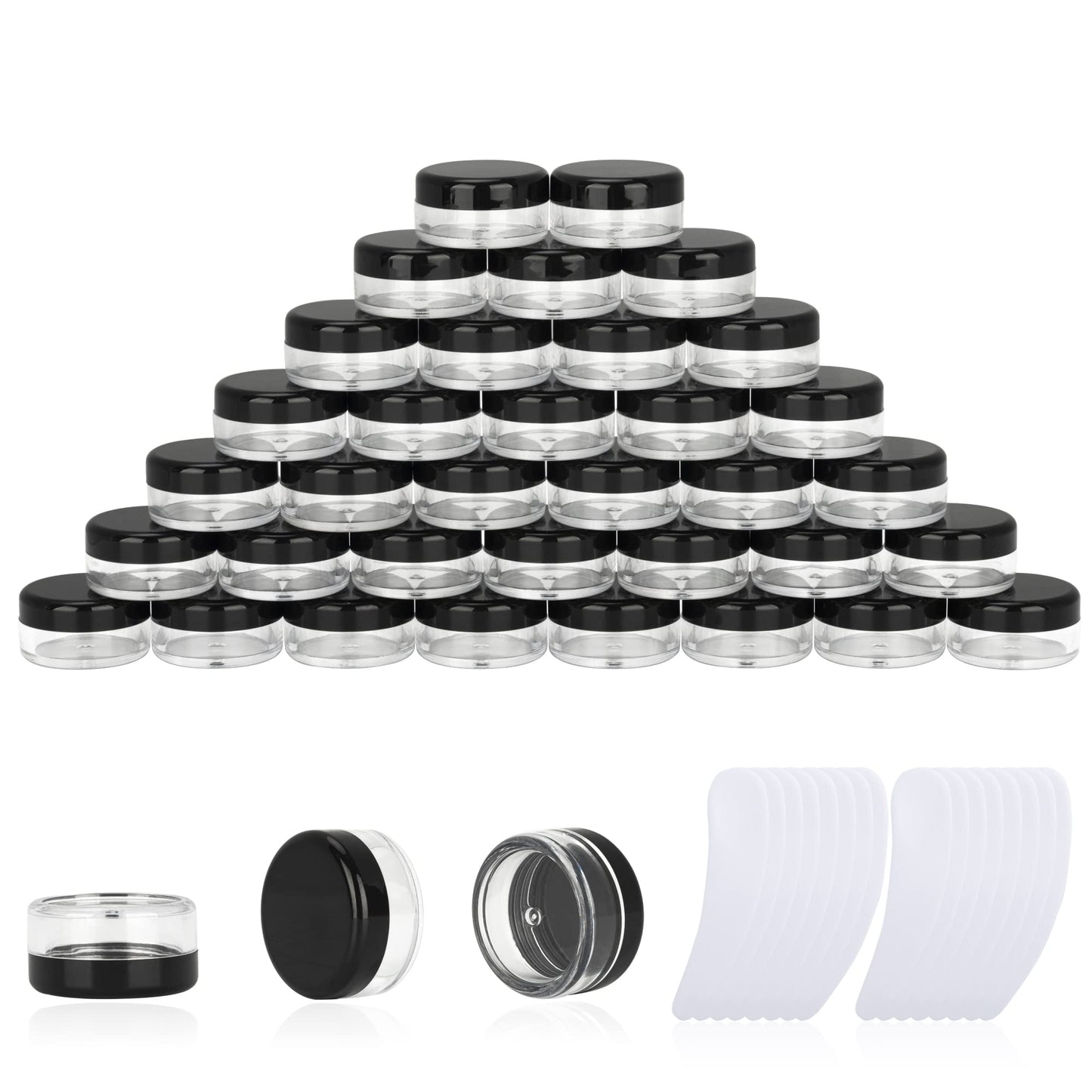 200PCS 3 Gram Sample Containers, 3ml Empty Jars with Lids, Small Cosmetic Containers, Mini Sample Jars with 16PCS Mini Spatulas for Make Up, Oils, Lotion, Powder, Paint, Jewelry, Lip Balms(Black Lid)