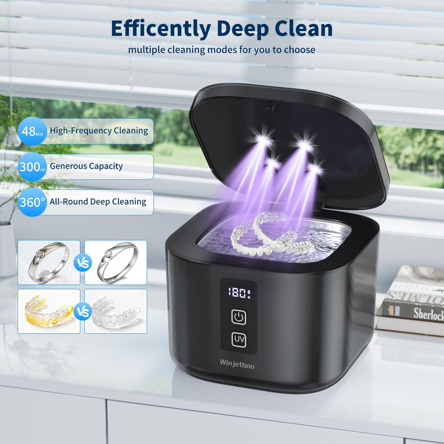 Ultrasonic Retainer Cleaner Machine, 48KHz Dental Cleaning Pod for Denture, Mouth Guard, Aligner, Night Guard, Braces, Toothbrush Heads, Jewelry with Digital Timer & 6 Modes, 13oz Capacity, Black