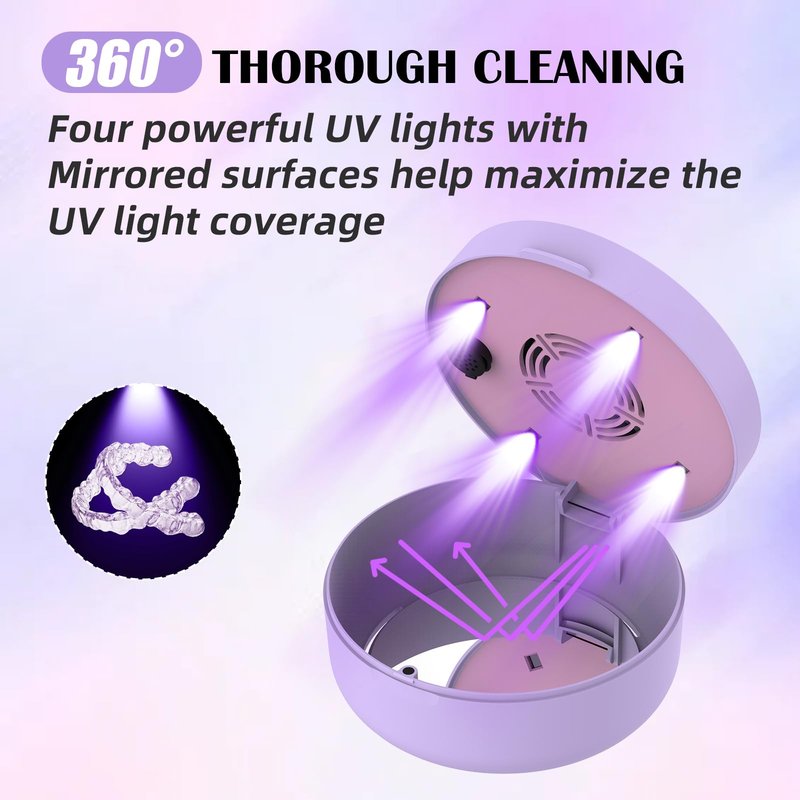 Voraiya U/V Retainer Case with Fan, Portable Cleaning Denture Cases with UVC Lights Rechargeable Retainers Cleaner Container for Partial Denture, Aligners, Mouth Guard, Night Guard, Braces (Purple)