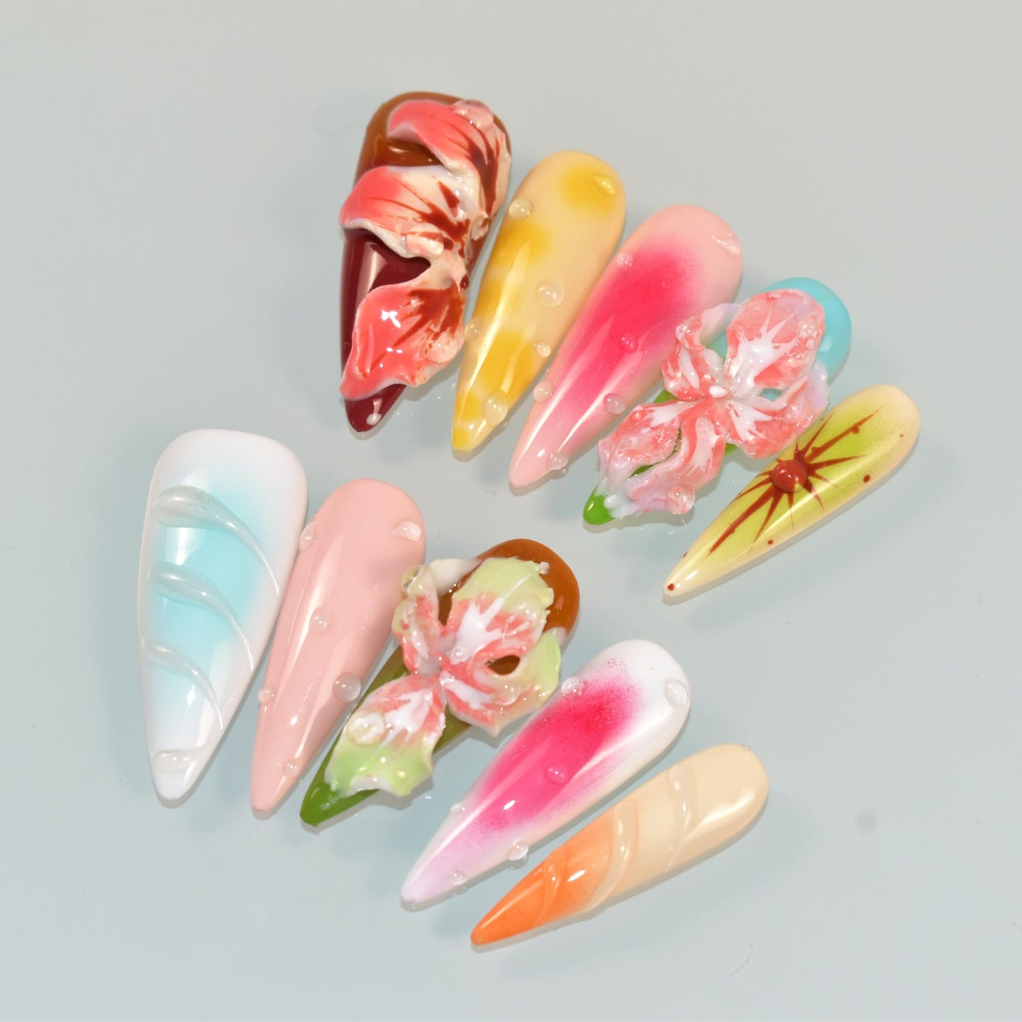 LIFOOST Manual Press on Nails 10Pcs with Hand Carved Flower Petals Long Almond Handmade Nails for DIY Manicure Decorations, Size Medium