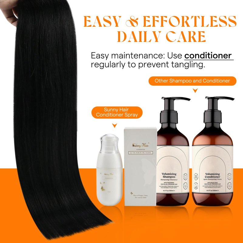 Sunny Hair Sew in Hair Extensions Real Human Hair 22 Inch 100G Jet Black Double Layered Long Hand-Tied Bundles Straight Smooth Hair Full Head for Women Add Length