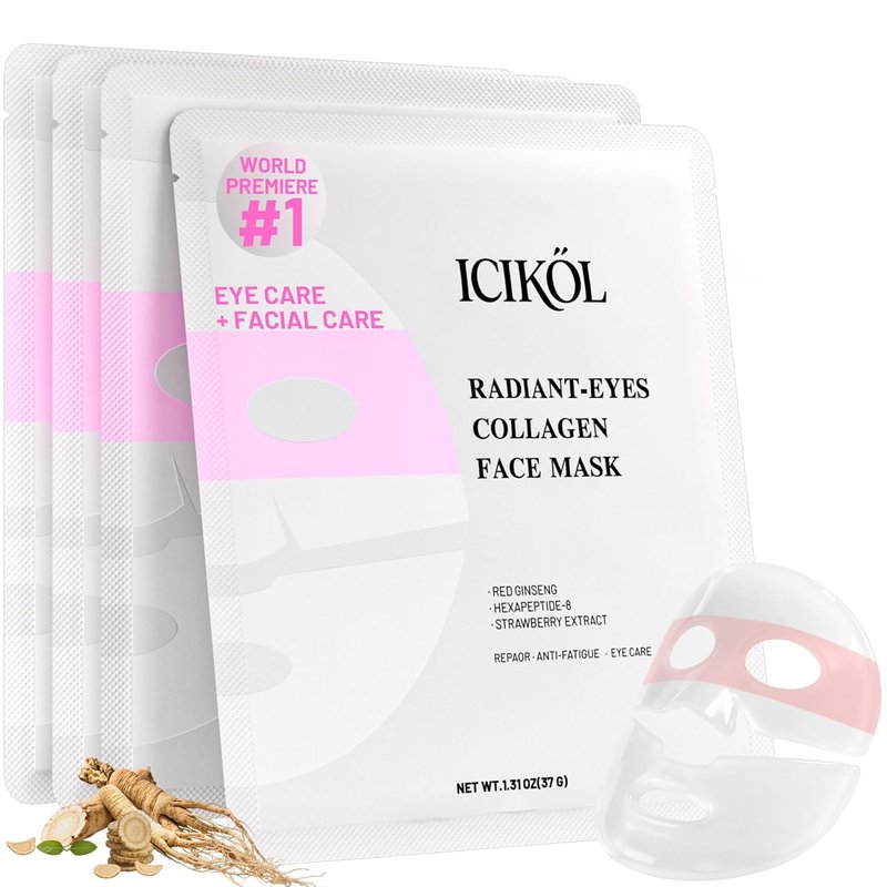 Collagen Face Mask with Eye Patches - Anti-Aging Hydrogel for Glass Skin Glow | Red Ginseng & Peptides, 4 Sheets (Pink)