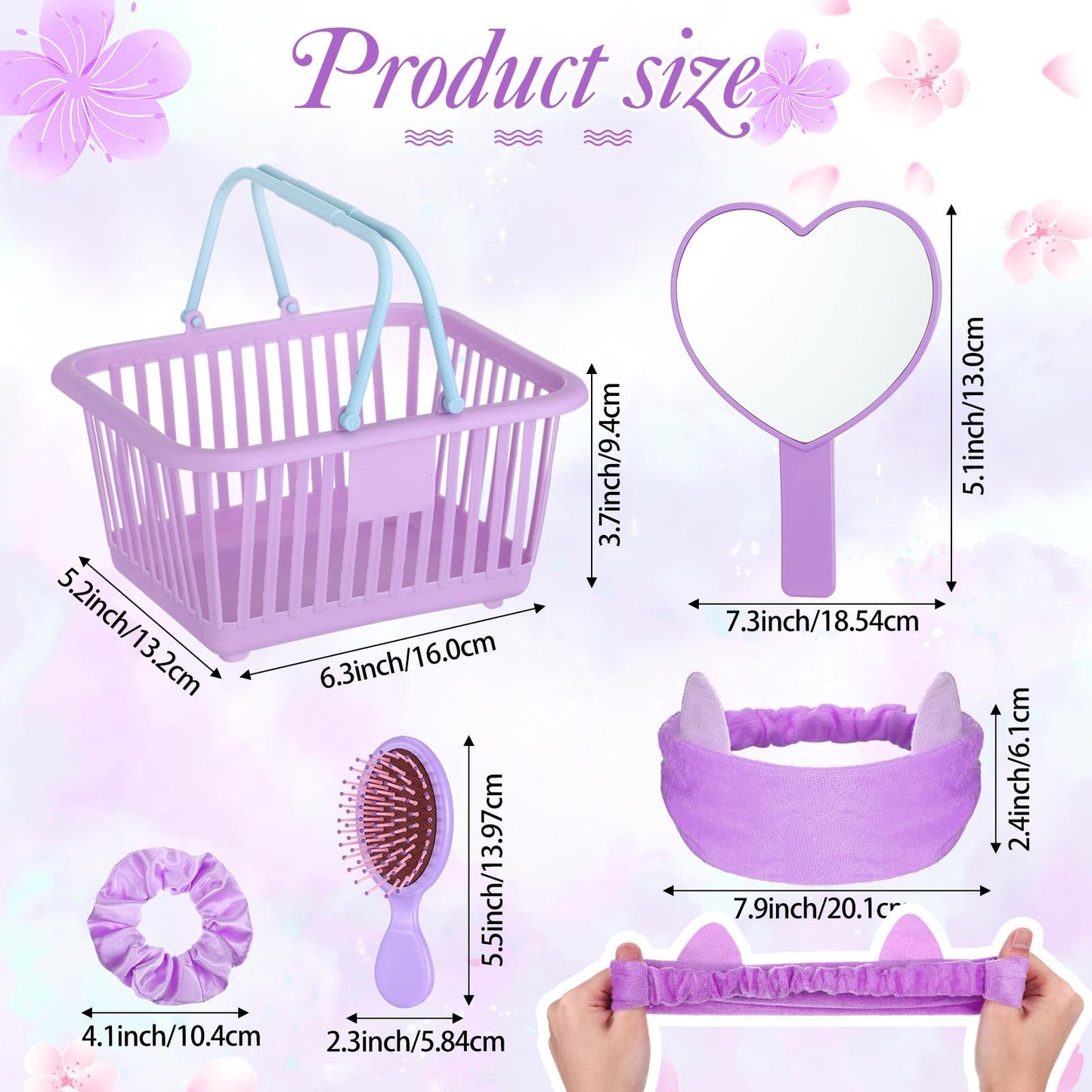 SiliFine 32 Pcs Spa Party Supplies Sleepover Party Favors with 8 Lovely Basket 8 Heart Shaped Mirror 8 Headbands 8 Satin Hair Scrunchies 8 Hair Brush for Spa Birthday Party Gift(Purple)