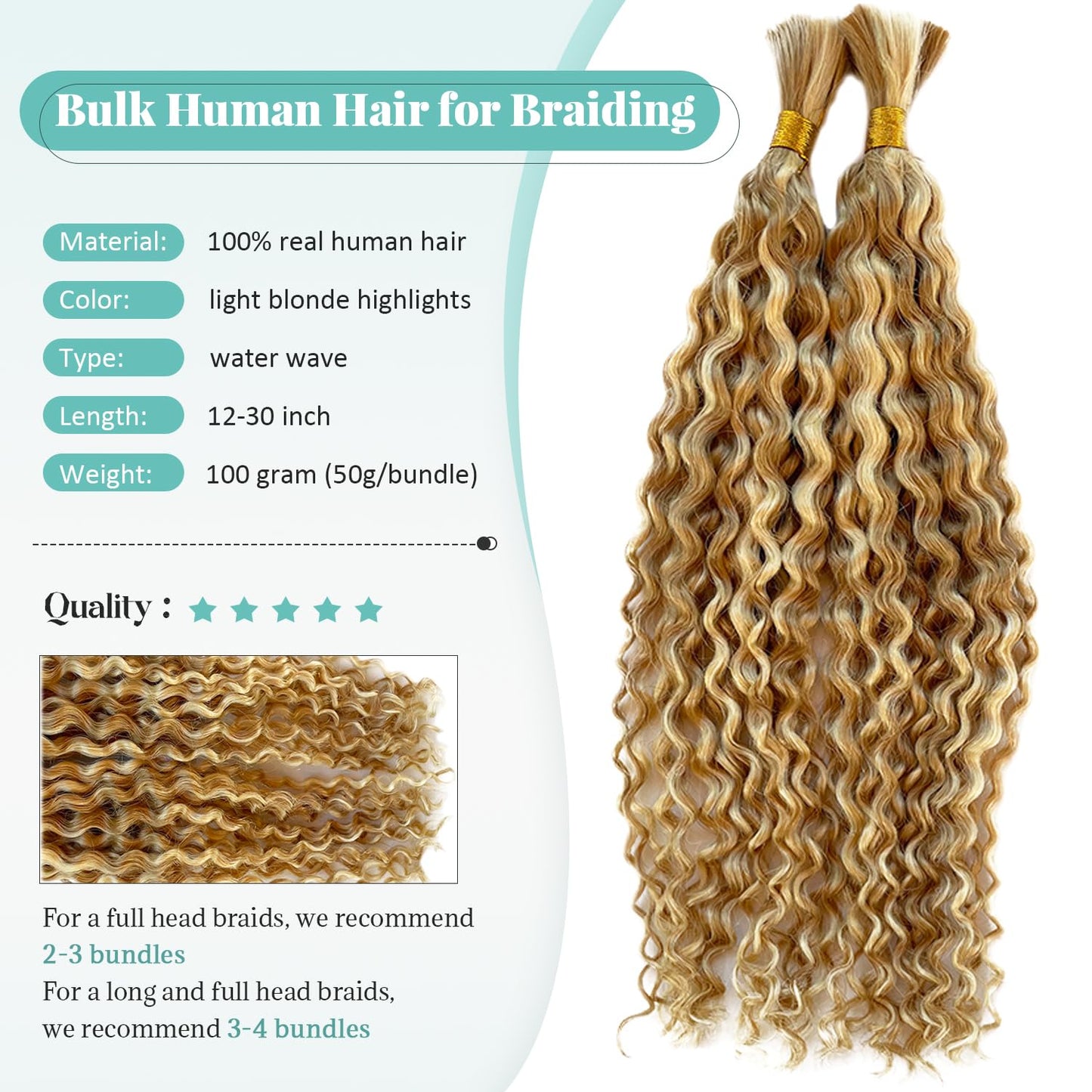 Water Wave Bulk Human Hair for Boho Knotless Braids 18 Inch Ombre Color Strawberry Blonde with Bleach Blonde Highlights No Weft 2 Bundles 100G Deep Curly Micro Extensions for Braiding