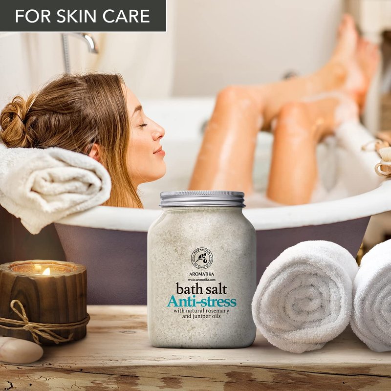 De-Stress Bath Salt 46 Oz - 100% Natural & Pure Salt Essential Oils Rosemary & Juniper - Best for Good Sleep - Relaxing - Calming - Body Care - Beauty - Aromatherapy - Stress Relief