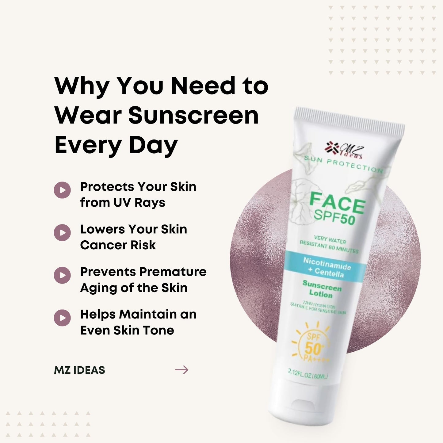 MZ Ideas Face Sunscreen SPF 50 PA+++,Very Water Resistant 80 Minutes, with Niacinamide, Centella, 72H Hydration for sensative skin, 2.12 fl oz