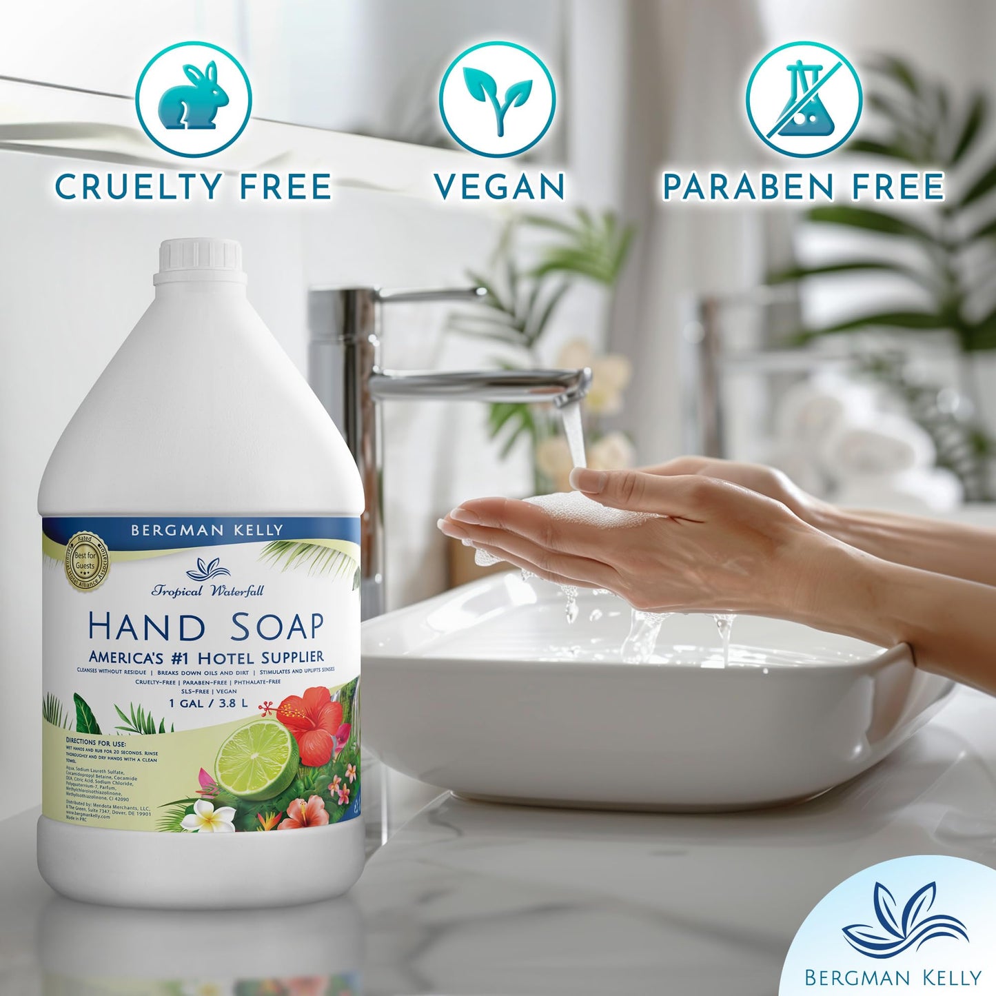BERGMAN KELLY Hotel Liquid Hand Soap Refill (Tropical Waterfall Scent), Refreshing Hand & Body Soap, 1 Gallon (128 fl oz)