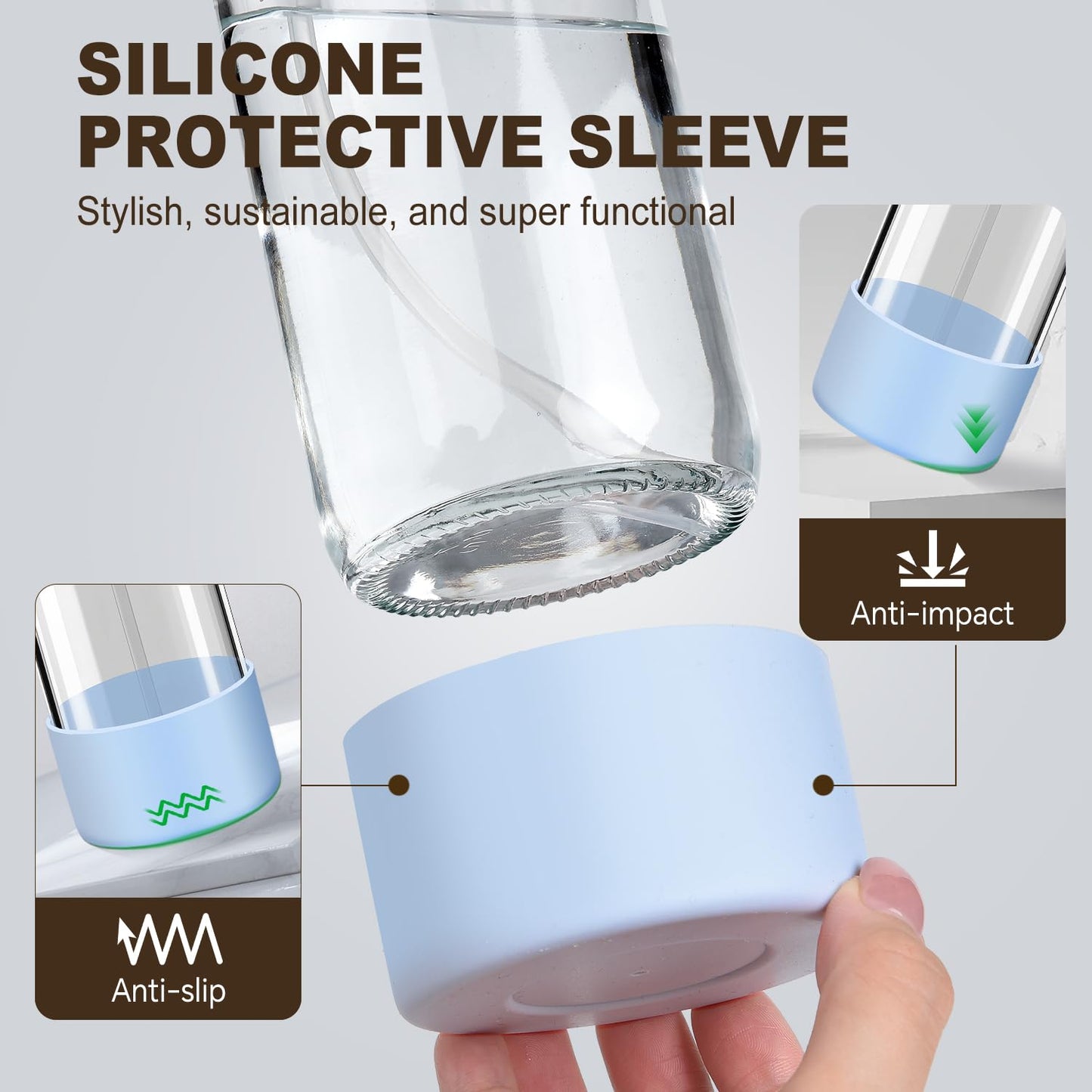 Glass Spray Bottles with Silicone Sleeves (2 Pack, 16 oz), Mist and Stream Empty Refillable Containers, Water Sprayer Misting Bottle for Cleaning Solutions, Planting, Hair Spraying, Green & Grey
