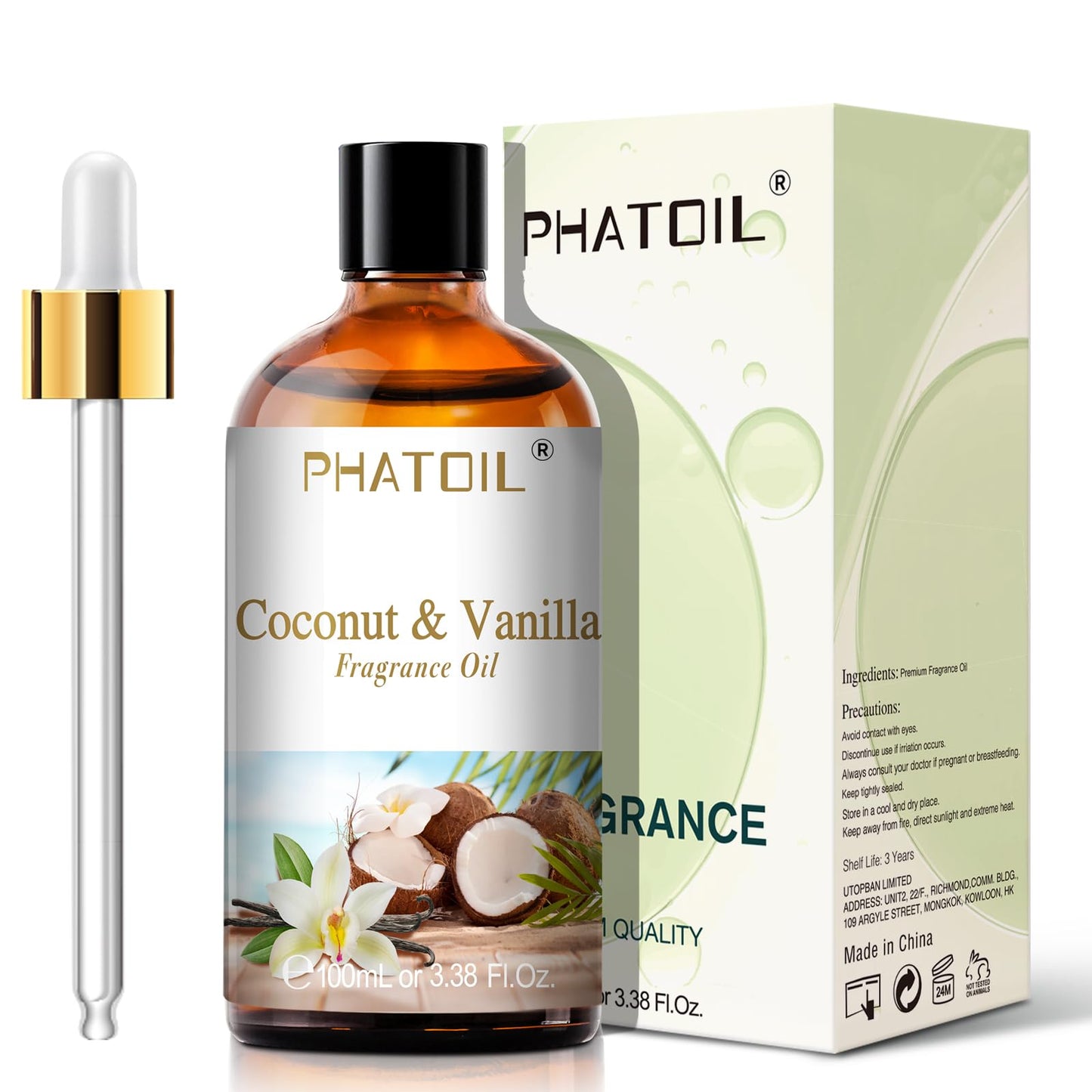 PHATOIL 3.38FL.OZ Coconut & Vanilla Fragrance Oils for Aromatherapy, Essential Oils for Diffusers for Home, Perfect for Diffuser, Yoga, DIY Candle and Soap Making - 100ml