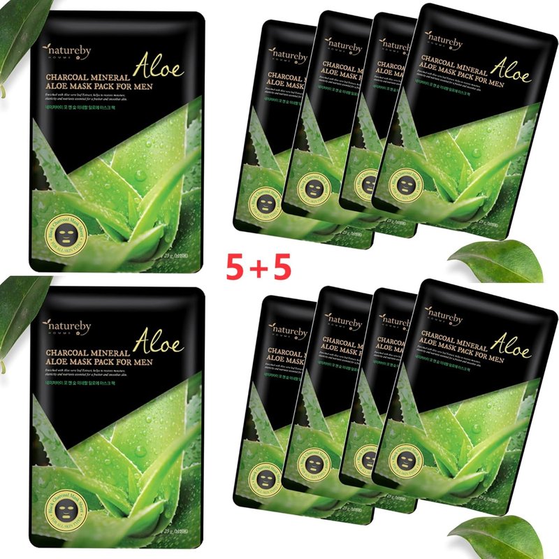 Charcoal Mineral Mask Pack for Men - Korean Skincare Face Treatment | Aloe Soothing, 10 Sheets