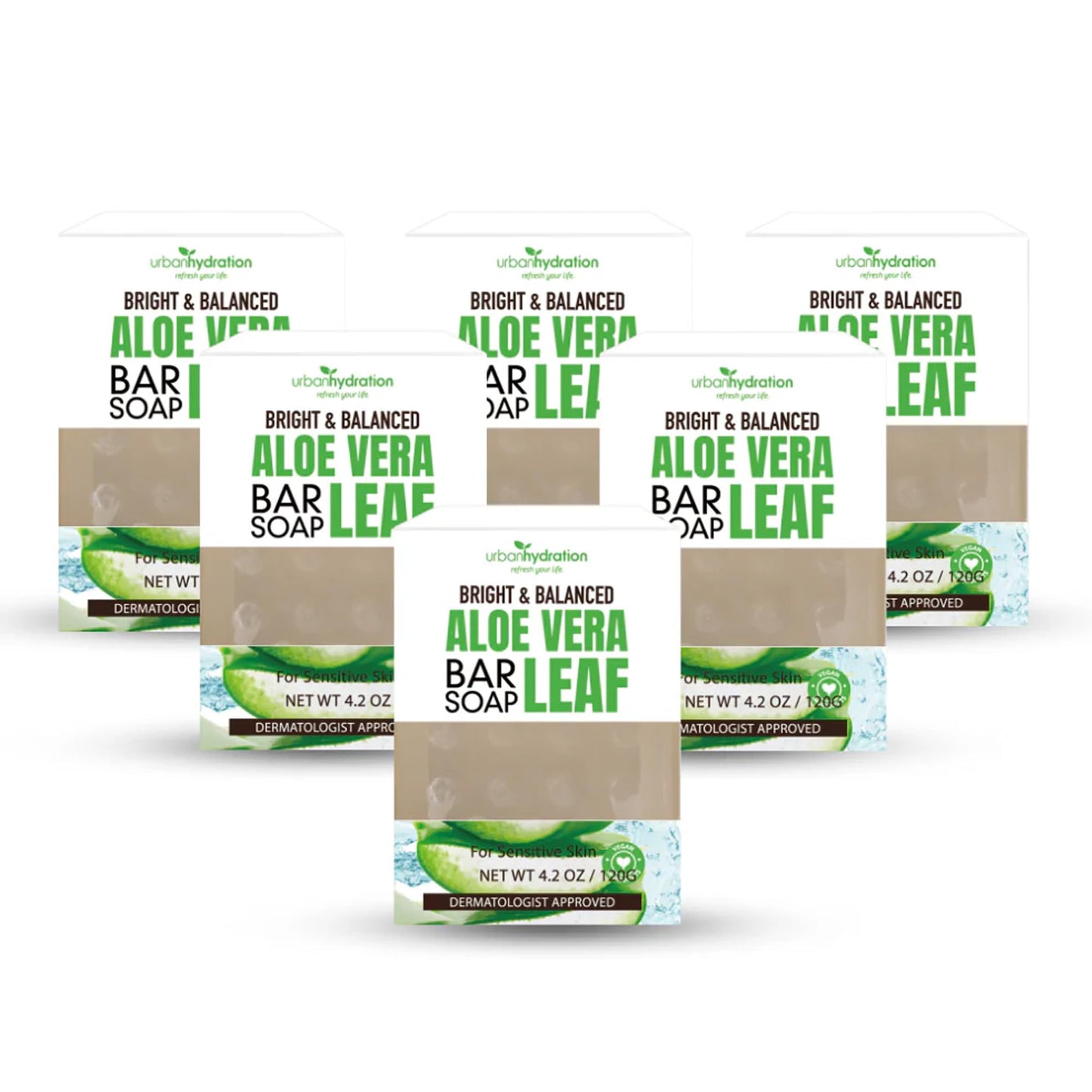 Urban Hydration Aloe Vera Face & Body Bar Soap 6 Pack | Suitable for Daily Use, Silicone, Paraben, Polybead and Sulfate Free, Safe for Oily, Psoriasis and Eczema Prone Skin | 4.2 Ounces