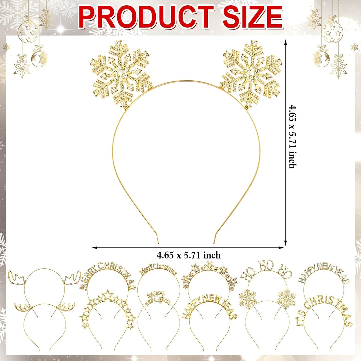 Christmas Headbands Set - 12 Pcs Rhinestone Reindeer Antler & Snowflake Accessories | Gold