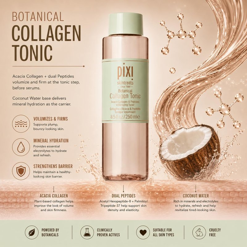 Pixi Botanical Collagen Tonic, Volumizing & Hydrating Toner, Enhanced with Peptides & Botanicals to Firm & Revitalize, Alcohol-Free Daily Moisturizing Toner, 100 ml / 3.4oz