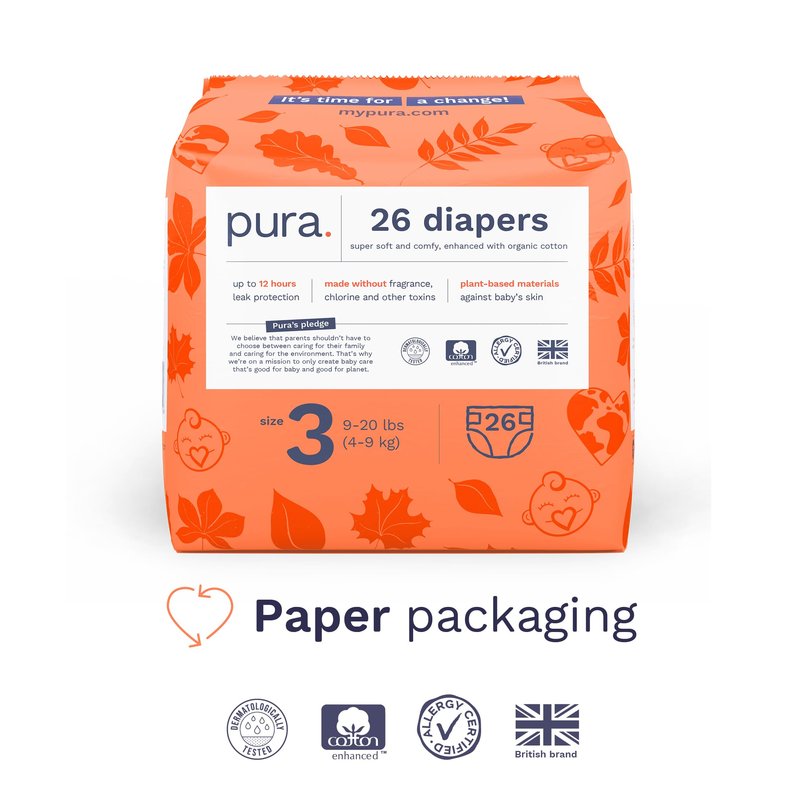 Pura Hypoallergenic Diapers, Size 3 (9-20 lbs) Monthly Pack, Overnight, up to 12 Hours Leak Protection, Suitable for Sensitive Skin, TCF, Super Soft Organic Cotton, 6 Packs of 26 (156 Baby Diapers)