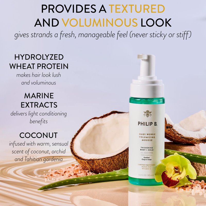 PHILIP B Maui Wowie Volumizing Mousse, 5.5 fl. oz. (163 ml) - For Thickening Body + Hold, Boost Volume & Add Lift at Roots, Never Stiff or Sticky