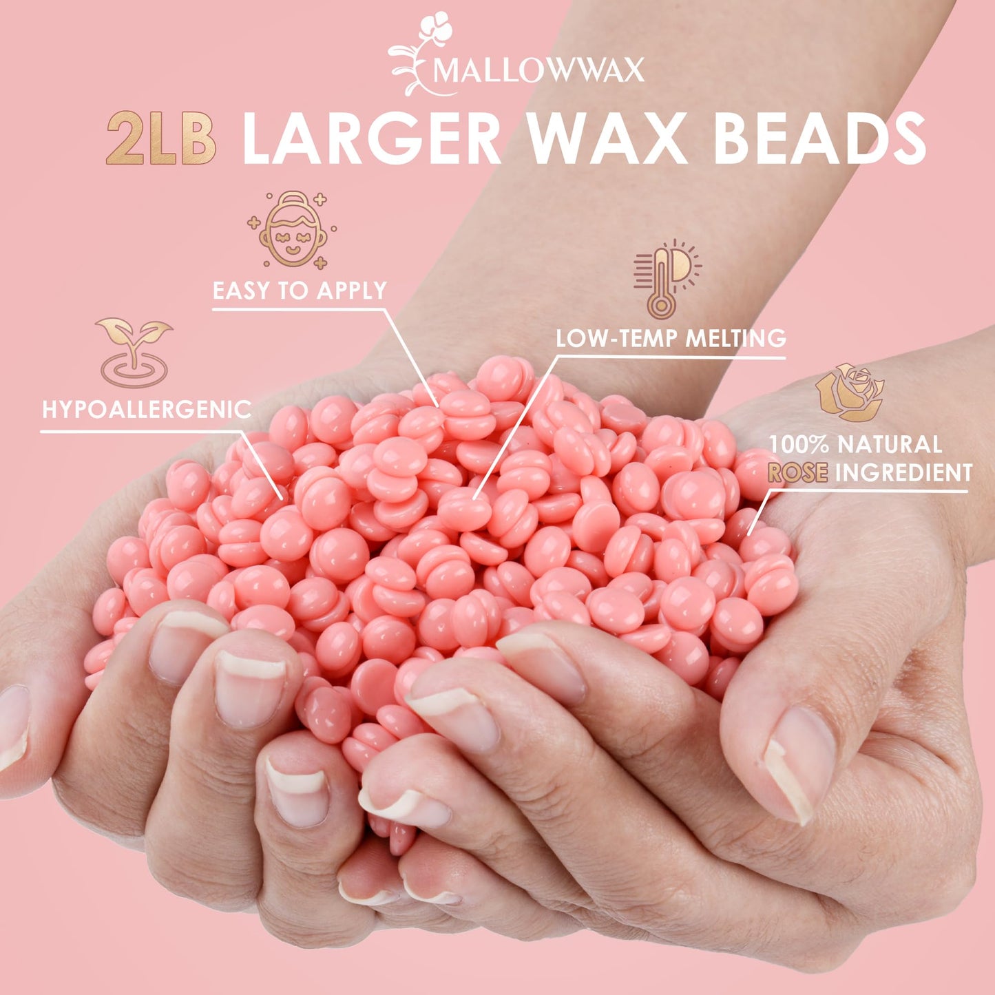 Mallowwax Hard Wax Beads for Hair Removal, 2LB – Premium Hair Removal Wax Refill for Sensitive Skin with Rose Formula, Ideal for Facial and Brazilian Areas