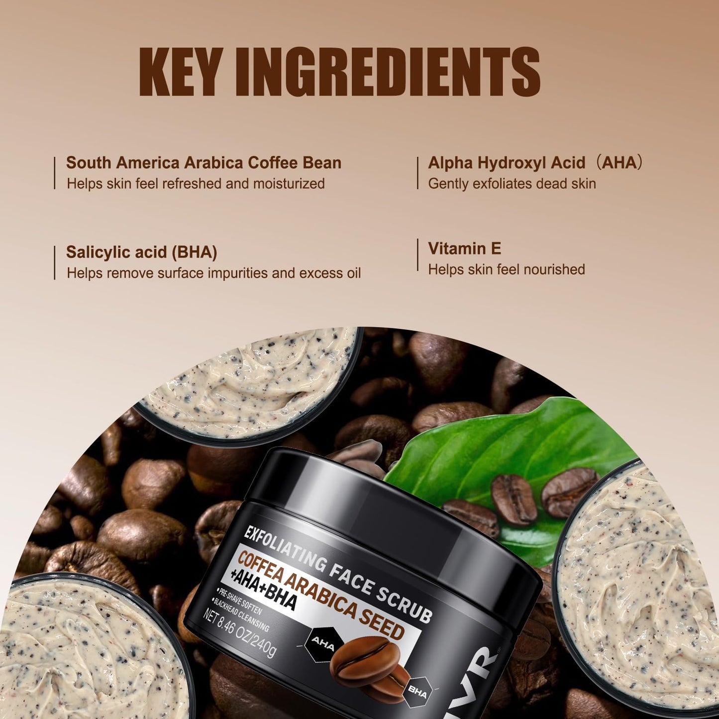 JVR Face Scrub for Men, Facial Scrub for Deep Exfoliating, Cleansing Blackheads, Ingrown Hair, Pre-shave Soften, Organic Formulated with Coffee Extract, AHA and BHA Face Exfoliator (8.46 oz)