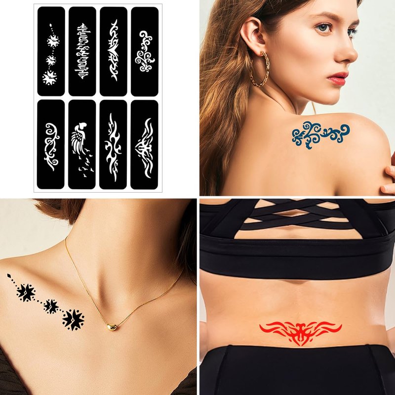 Temporary Tattoo Henna Kit Safe & Easy Fake 12 Bottles 11 Colors Ink 18 Big Pcs Stencils for Adults/Kids-fake tattoos (Black×2, Red, Green, Purple, Orange, Navy Blue, Brown, Pink, Grey, Yellow)