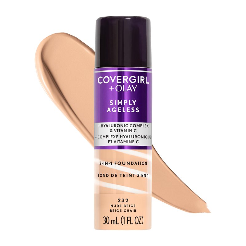 COVERGIRL & Olay Simply Ageless 3-in-1 Liquid Foundation, Matte Finish, Hyaluronic & Vitamin C Formula, 232 Nude Beige, 2 Count