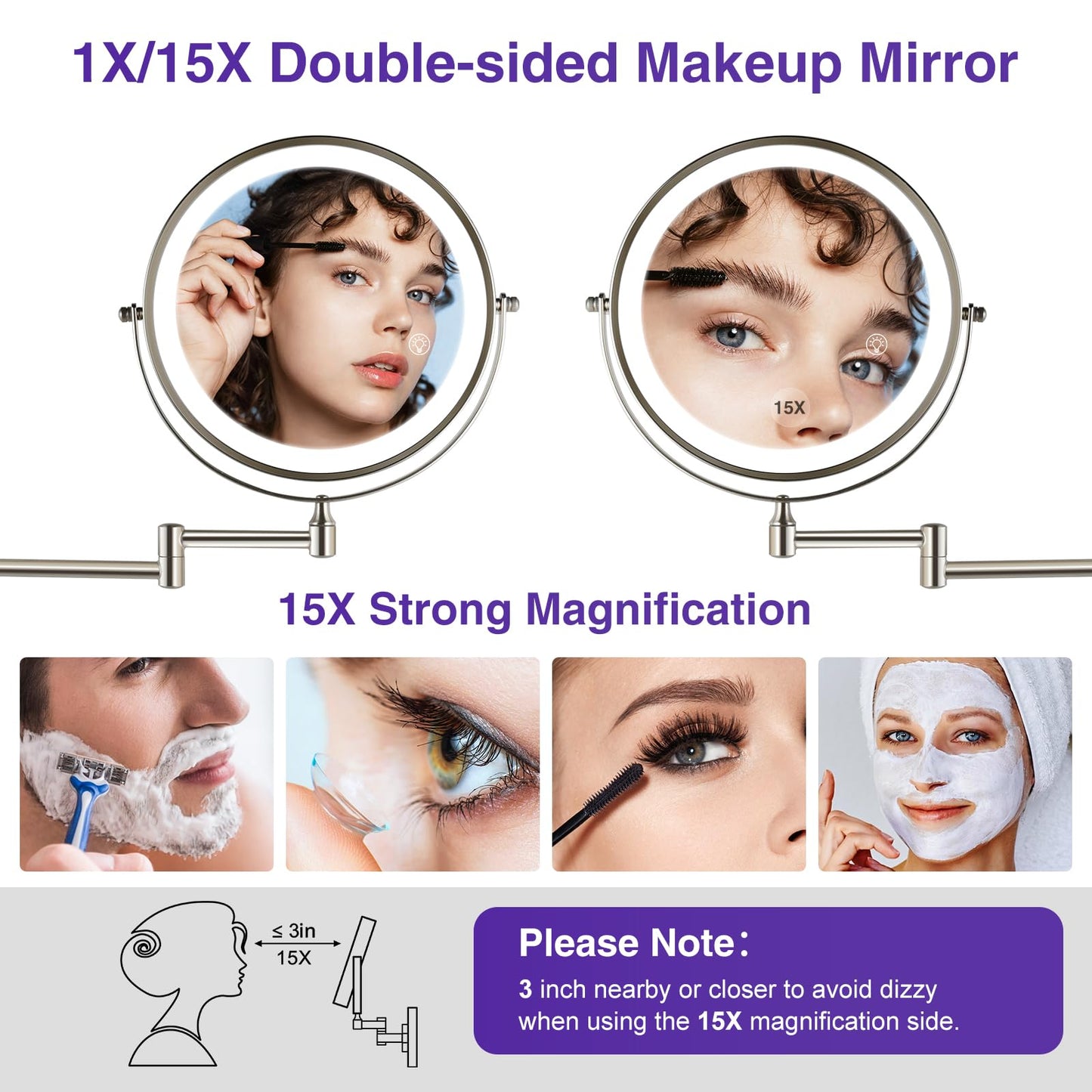 GREENFROM Magnifying Mirror with Lights 1x/15x: 8.5" Double Sided Wall Mounted Lighted Makeup Mirror for Bathroom, Brushed Nickel