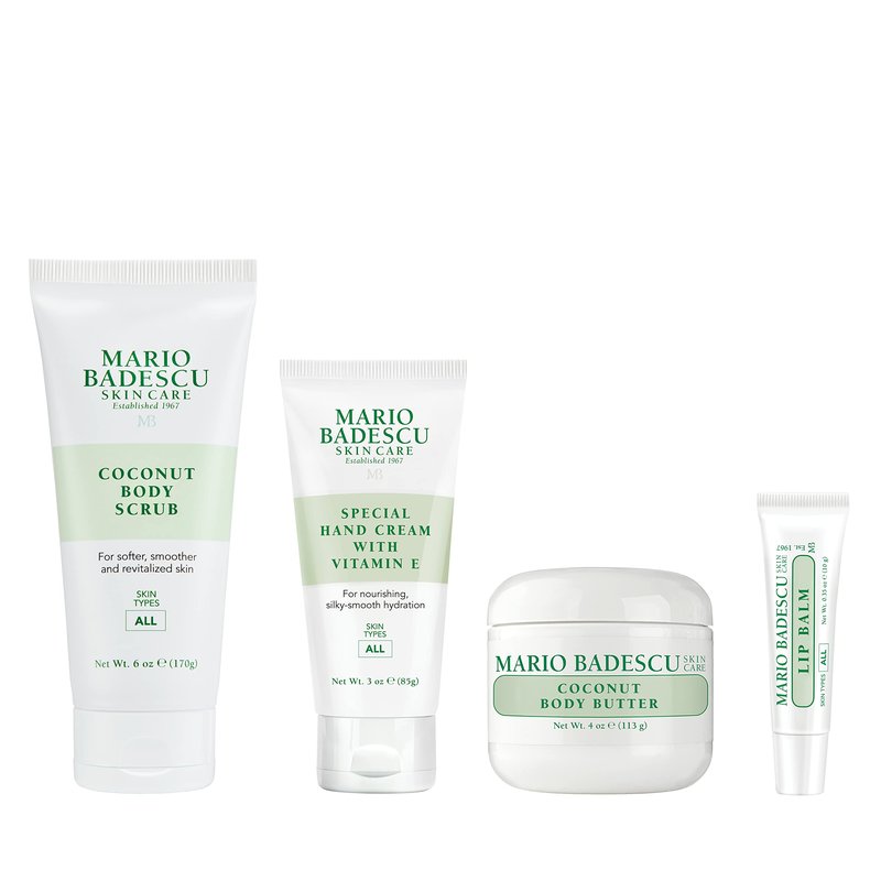 Mario Badescu Best of Body Essentials 4 Piece Kit, Skincare Gift Set Includes Lip Balm, Coconut Scrub, Coconut Body Butter & Special Hand Cream With Vitamin E
