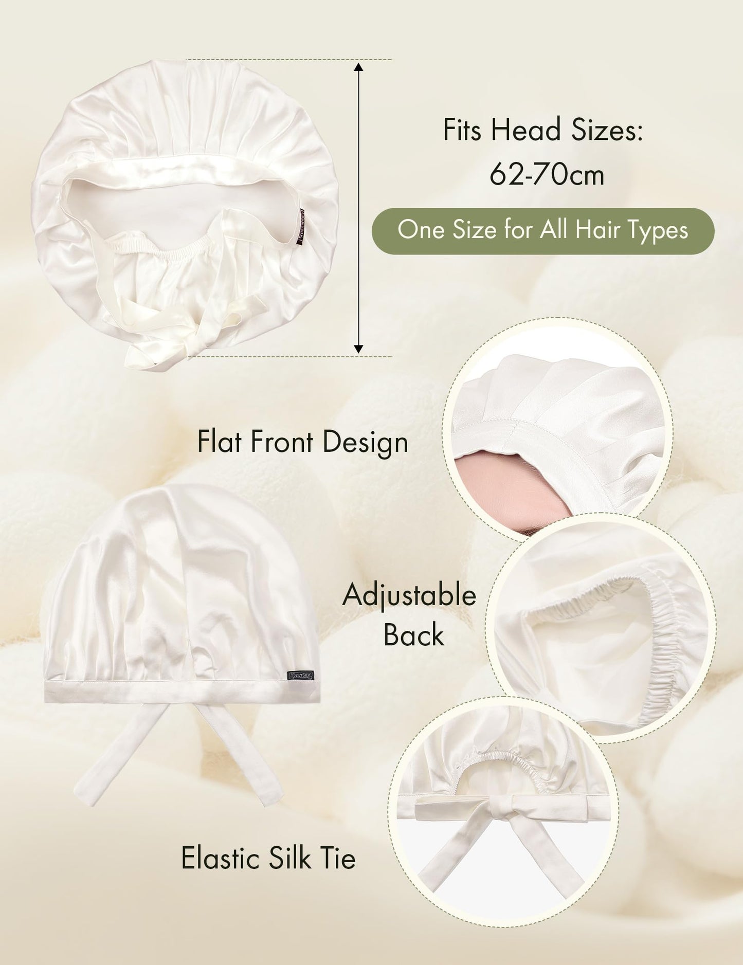 LILYSILK 100% Mulberry Silk Bonnet, 19 Momme Silk Night Sleep Cap Adjustable Hair Wrap for Sleeping, Ivory