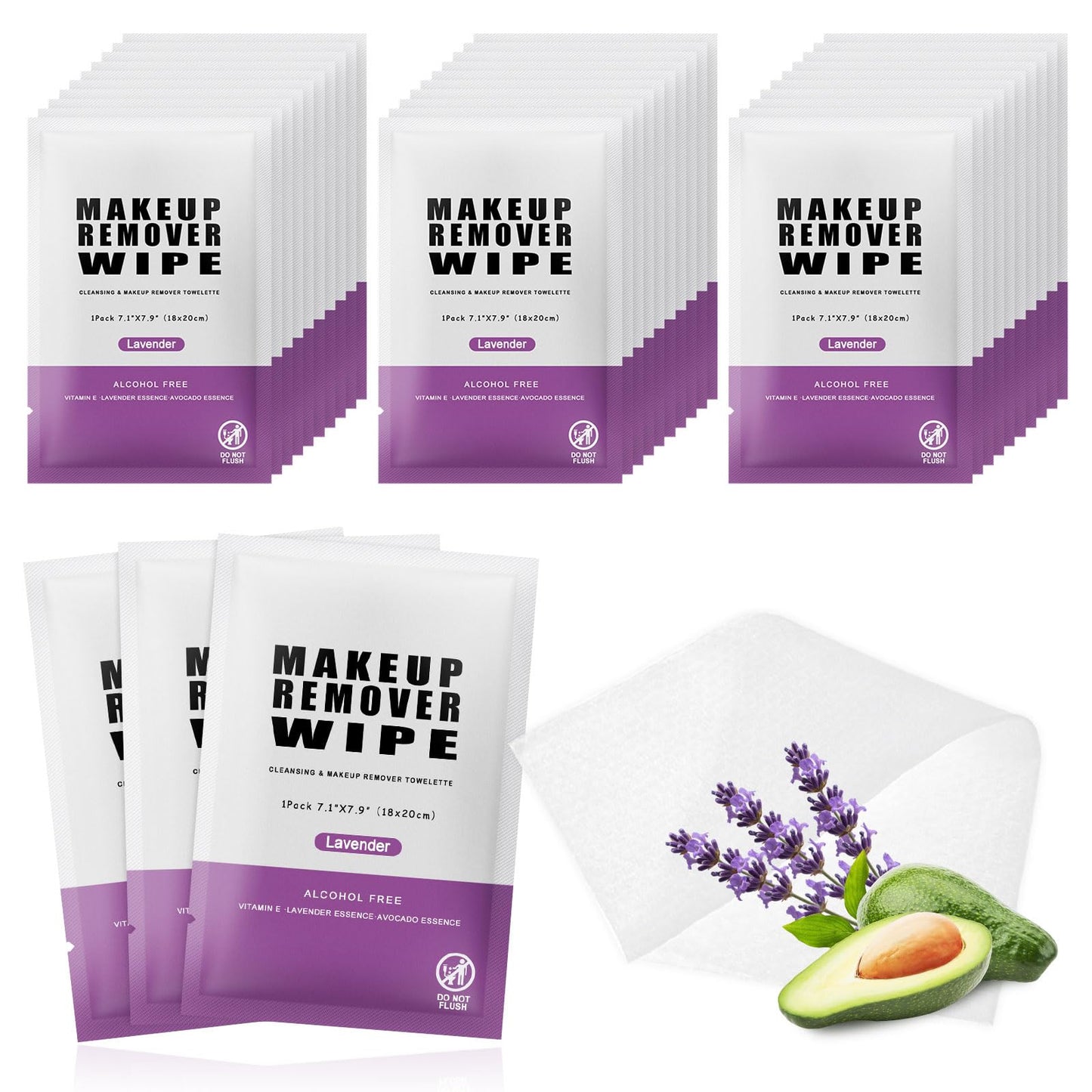 Pack of 50 Makeup Remover Wipes Individually Wrapped,Lavender Scent,Face Cleansing Wipes Bulk, Travel Towelette Makeup Remover Cloth for Face Cleansing Skin Care Remove Makeup