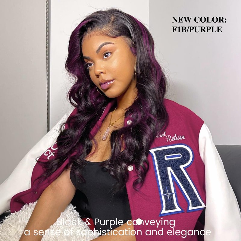 ALHER Black Mix Purple Highlight Bundle Human Hair Body Wave, 12A Soft Thick Single Bundle Wavy Human Hair, 100% Remy Hair Midnight Purple Dark Burgundy Highlight Two Tone Color (#1B/Purple, 16 Inch)