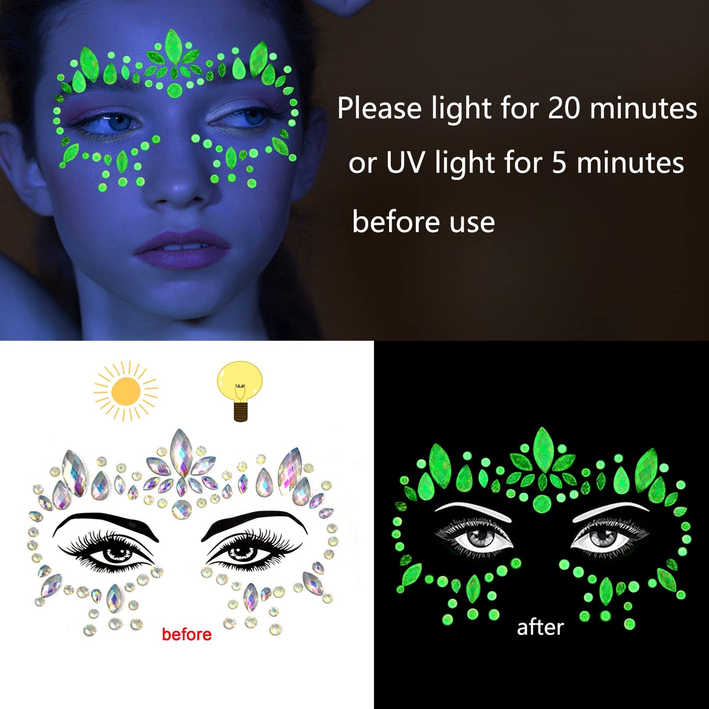 Glows Face Gems Jewels, 4 Pack Noctilucent Stickers Glow in the Dark Tattoo Crystals Body Gems Stick on for Halloween Carnival Festival Party