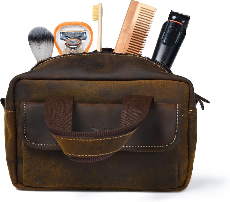 Extra Large Top-Grain Leather Toiletry Bag - Travel Organizer for Men & Women | Dark Brown, 10x6x5.5 in