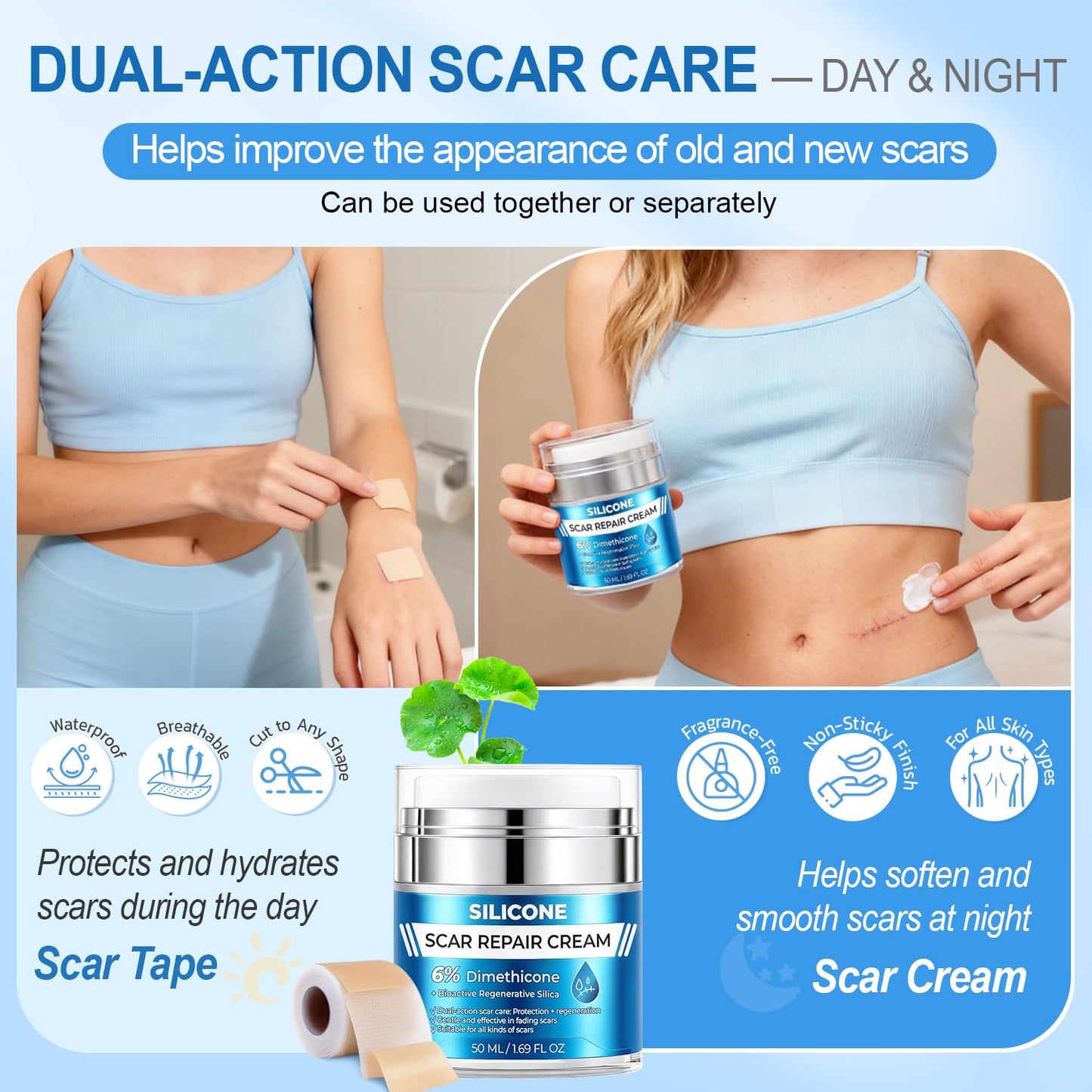 MythosFlow Scar Cream 6% Dimethicone Silicone Cream for Scars, Advanced Scar Removal Cream for Surgical, C-Section, Acne, Keloids, Burns, Old & New Scars, with Scar Tape, 1.69 fl.oz + 1.5m