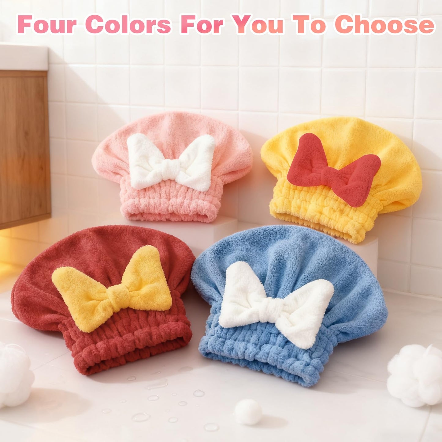 ploreatu Microfiber Hair Drying Caps, Christmas Absorbent Hair Towel Wrap for Women Wet Hair Quick-Drying Hair Towels, Soft Bow Tie Wet Hair Towel Wrap for Party Favors Goody Bag Filler (4 PCS)