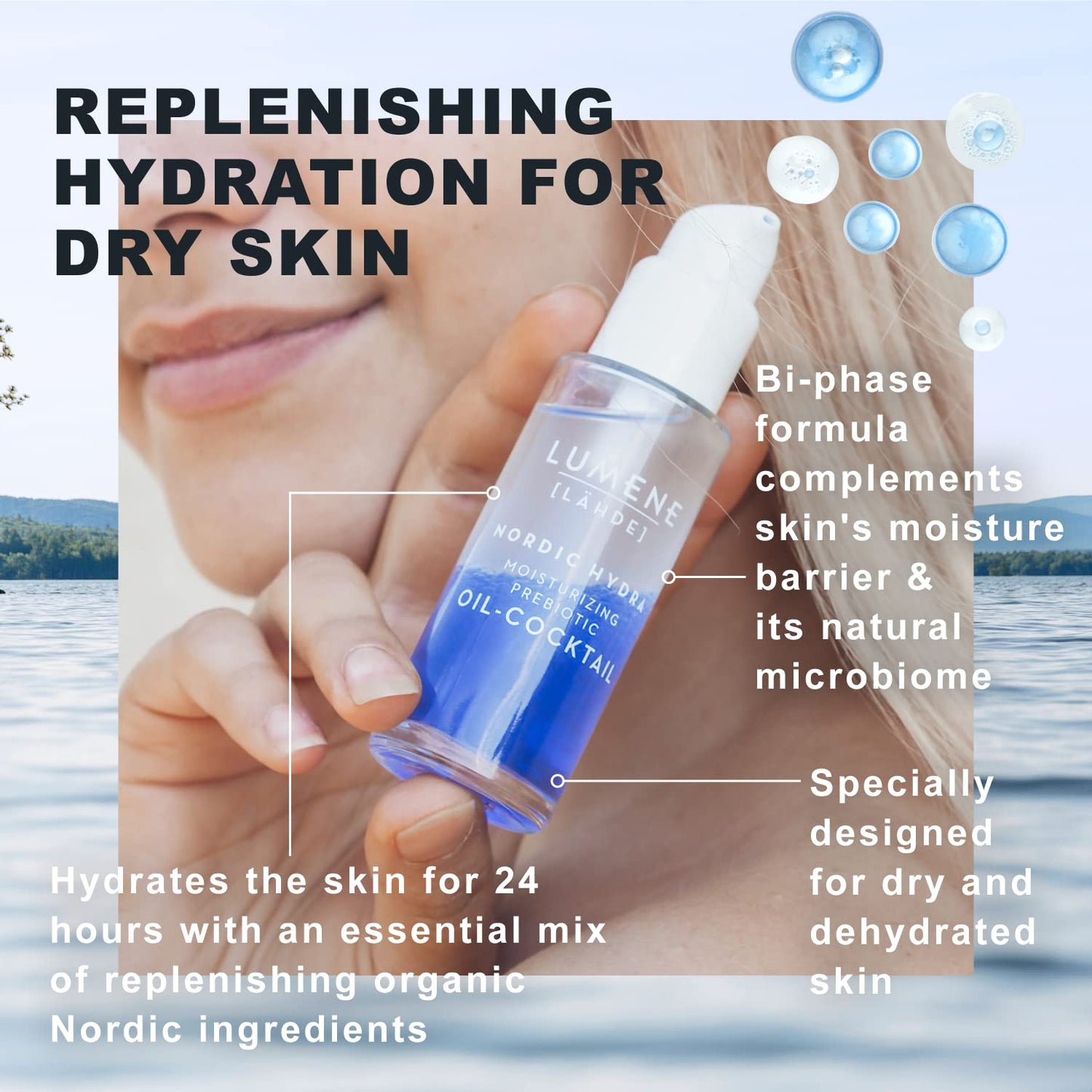 Lumene Nordic Hydra Prebiotic Oil-Cocktail - Hydrating Bi-Phase Face Oil for Dehydrated Skin | 30ml