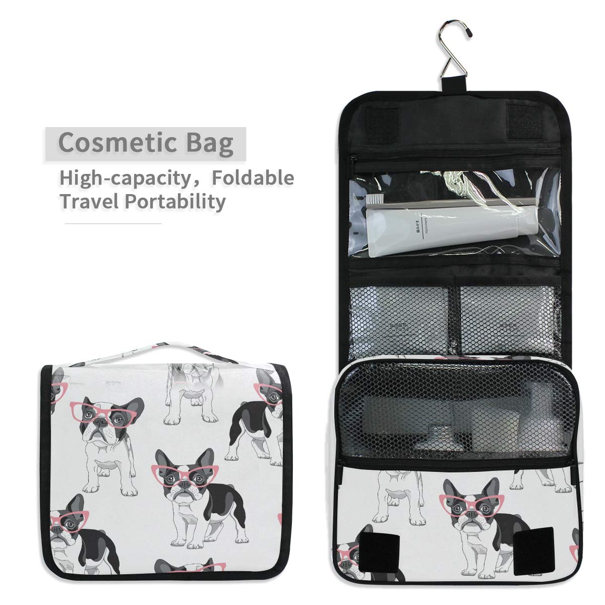 Bardic Hanging Travel Toiletry Bag Fashion French Bulldog Large Capacity Makeup Cosmetic Bag Portable Toiletry Kit Organizer