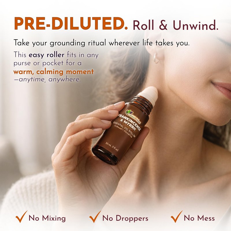 Frankincense & Myrrh Essential Oil Roll-On, 30 mL (1 fl oz) – Pre-Diluted Aromatherapy Rollerball in Fractionated Coconut Oil (FCO) – Alcohol-Free Pulse Point Oil Roller