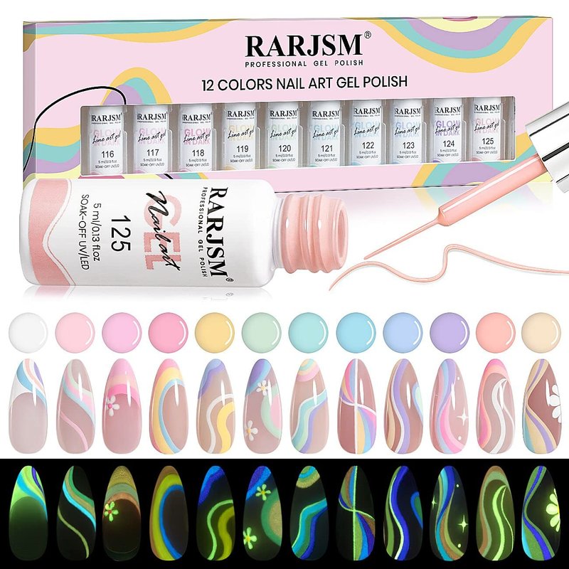 Glow in The Dark Nail Art Gel Liner Set - 12 Soft Pastel Colors for Luminous Designs | UV LED Curing Required