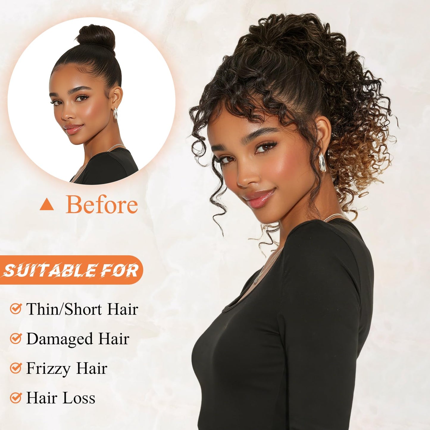 PEACOCO Curly Drawstring Ponytail for Black Women, 10 Inch Kinky Curly Ponytail Extension Synthetic Short Afro Puff Ponytail Hairpieces (1B/30)