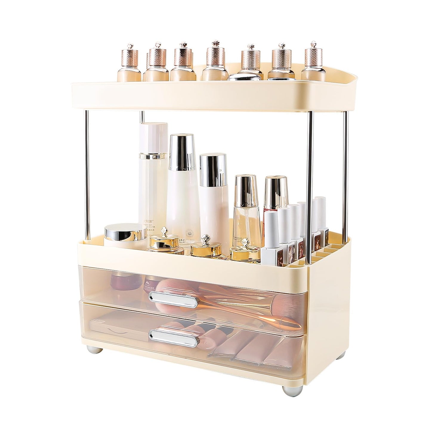 DASITON 4 Tiers Makeup Organizer, 2 Drawers Large Cosmetic Organizers for Vanity Bathroom Countertop, Bathroom Organizers and Storage for Skincare, Cosmetic, Perfume, Dresser Organizer (Cream+Clear)