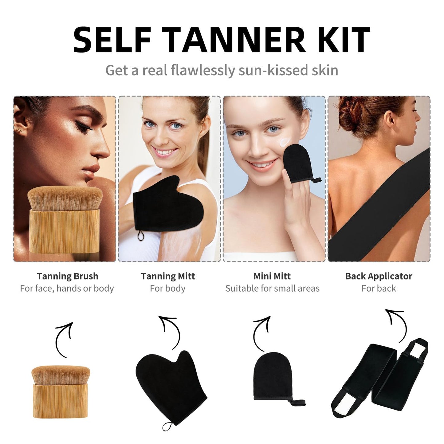 FUNAN Self Tanning Application Kit, 4-Piece Set with Back Applicator, Mini Mitt, Tanning Mitts and Ultra Soft Self Tanner Brush Bamboo Kabuki Brush, Black