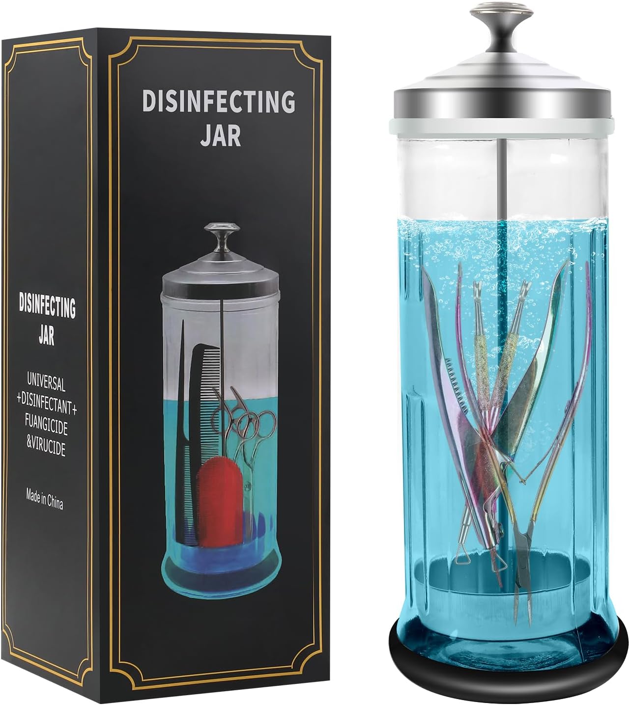 Barbicide Disinfectant Jar - 42.3 Oz Large Container for Nail Tools & Barber Shop Implements | Removable Straining Tray