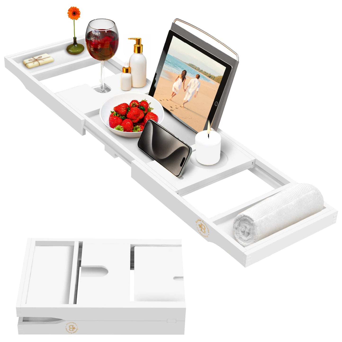 White Bathtub Tray for Tub - Bamboo Bath Tray, Expandable Wooden Bath Caddy Tray with Wine Holder, Book and Tablet Stand, Bathroom Accessories, Tub Table, Bridal Shower Gifts for Women