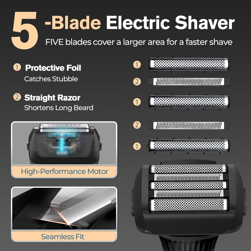 5-Blade Cordless Electric Razor for Men, 2-Speed Electric Shavers for Men Face, Close Shaving Men's Foil Shaver for Coarse Hair Wet/Dry USB-C Fast Charging &100 Min Runtime - Travel-Ready & Giftable