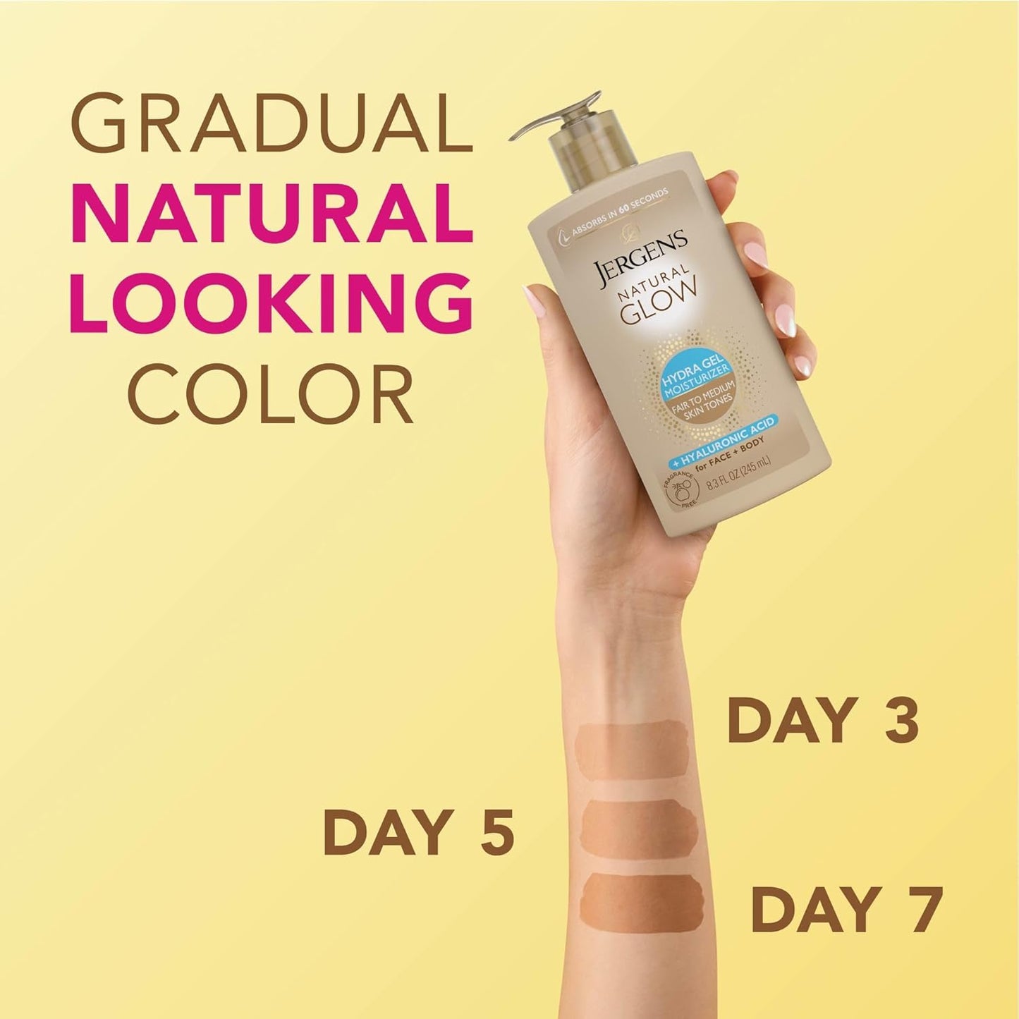 Jergens Natural Glow - Gradual Tanning Lotion with Hyaluronic Acid | Fragrance-Free, 8.3 Fl Oz for Fair to Medium Skin Tone