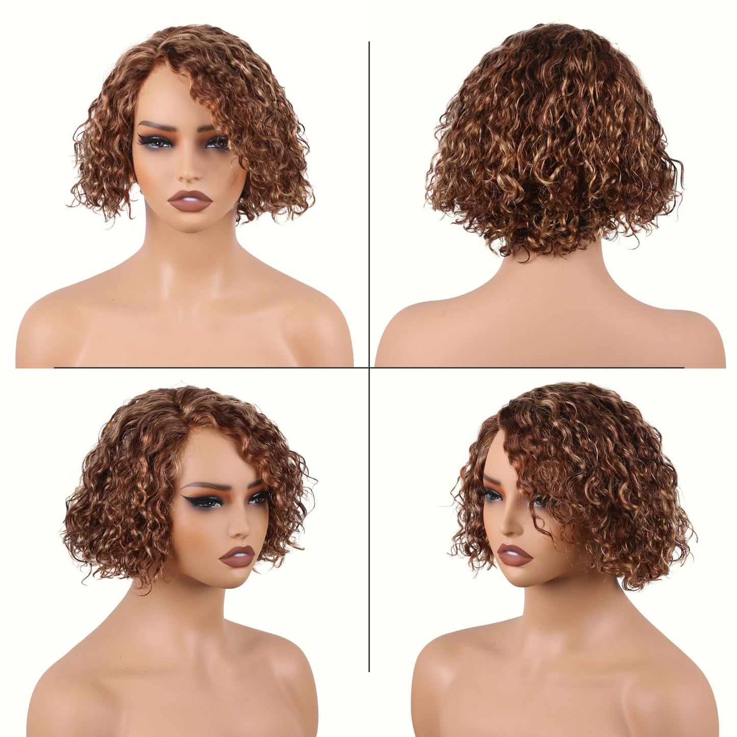 ManeMajesty Deep Curly Human Hair Wigs, Side Part Lace Front Pre Cut Lace, Wear and Go Glueless Wig 8 Inch Short Curly Bob Wigs for Women,100% Brazilian Human Hair,4/27/30 Brown Mixed Honey Blonde
