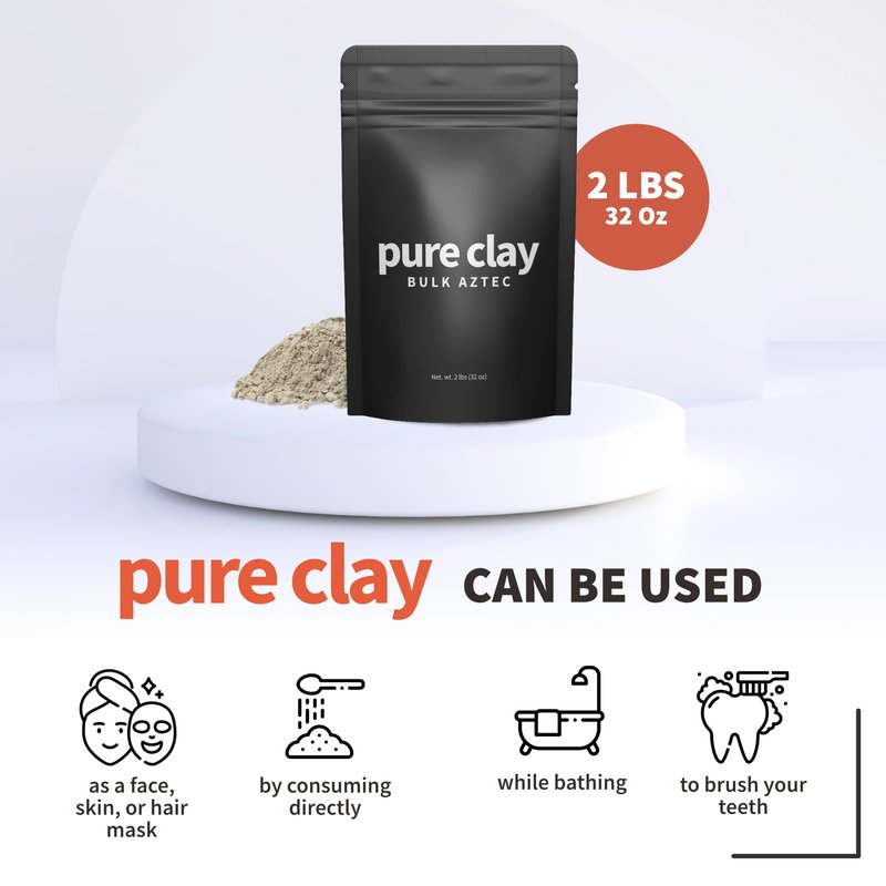 Pure Clay Bulk Aztec Organic Bentonite Clay Powder 2 lb Resealable Pouch Calcium Bentonite for Face Mask, Hair Mask, Body Wrap, Foot Bath, Bath Soak, Poultice, DIY Spa Skin Care Deep Pore Cleanse