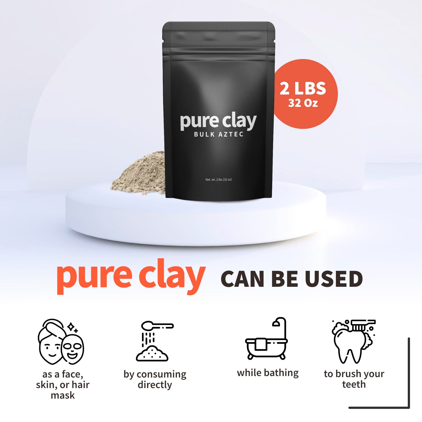 Pure Clay Bulk Aztec Organic Bentonite Clay Powder 2 lb Resealable Pouch Calcium Bentonite for Face Mask, Hair Mask, Body Wrap, Foot Bath, Bath Soak, Poultice, DIY Spa Skin Care Deep Pore Cleanse